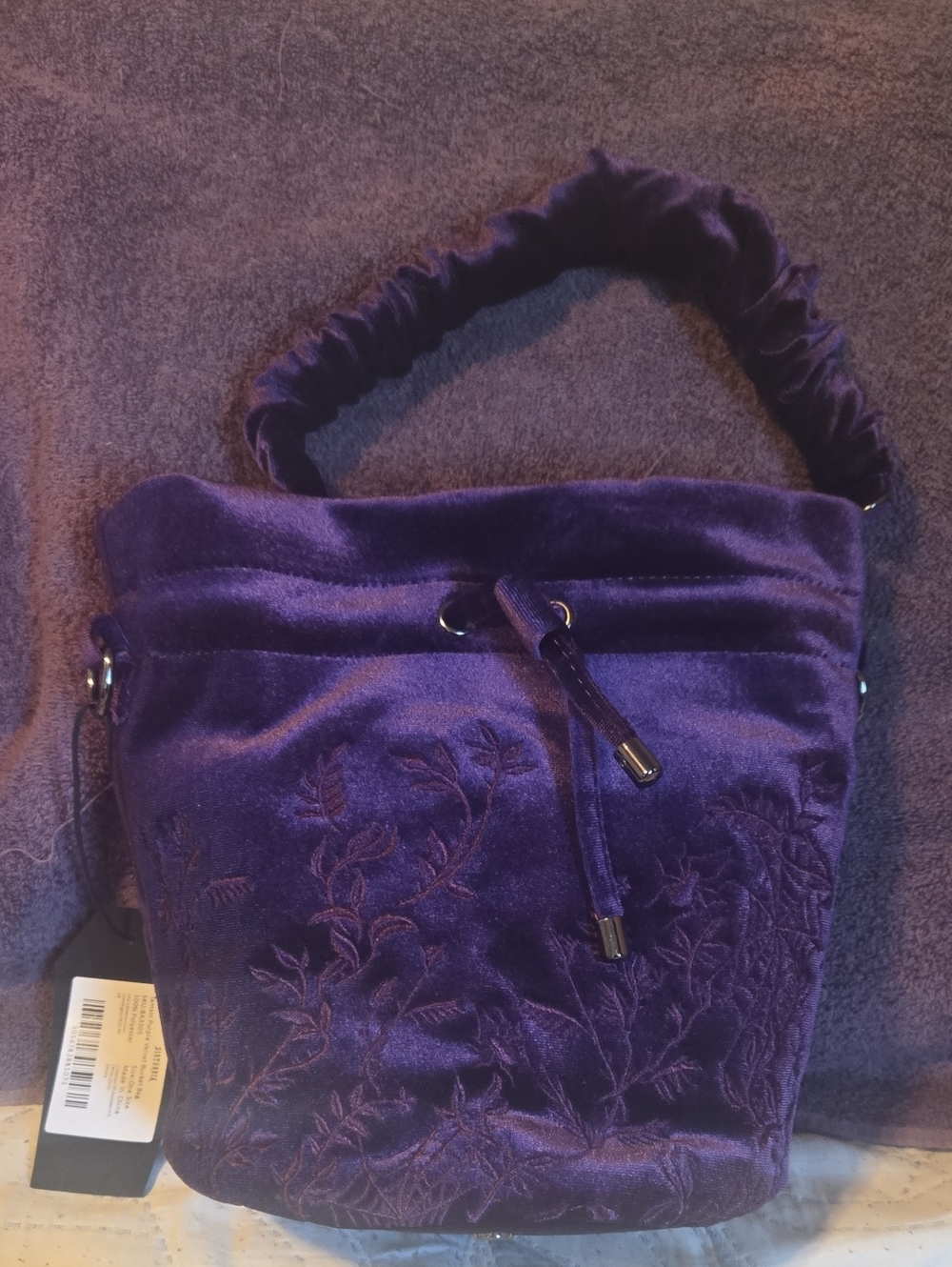 Purple Velvet Embroidered Bucket Bag